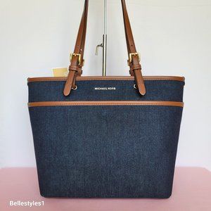MICHAEL KORS Winston Medium Denim Top Zip Pocket Tote- Dark Denim Multi⭐